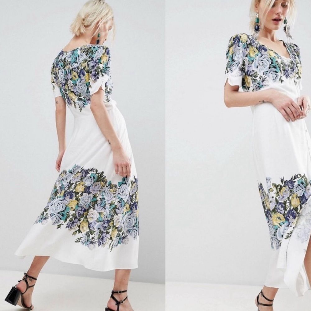 Free People Boho Floral Feminine Midi Dress White XS NWT